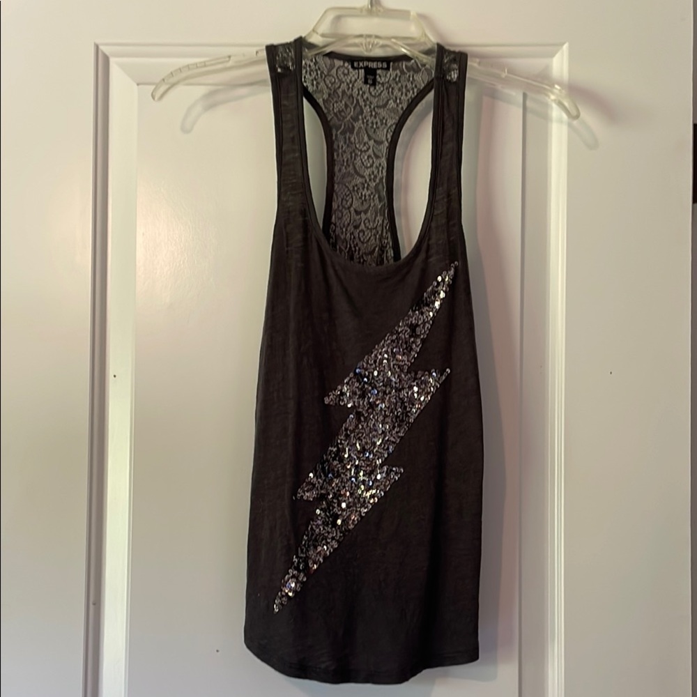 Express Gray Racerback Sequin lightning bolt Tank Top, size XS